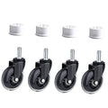 Set of black caster wheels with silver stem and white PVC pipe caps