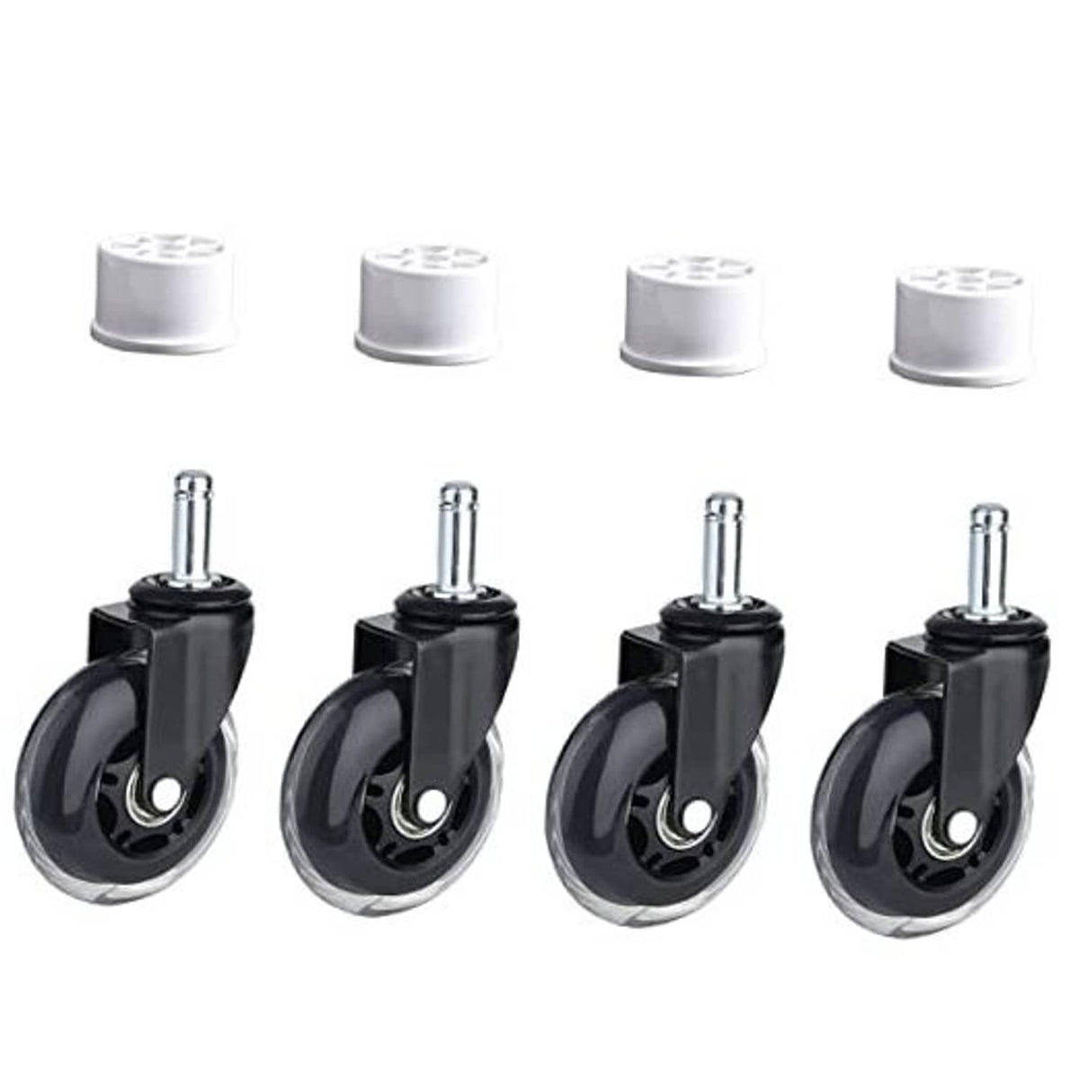 Set of black caster wheels with silver stem and white PVC pipe caps