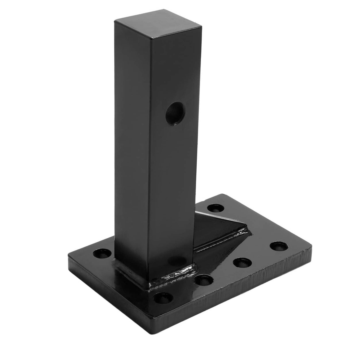 3-position hitch hook mounting plate with vertical post and multiple bolt holes, black steel