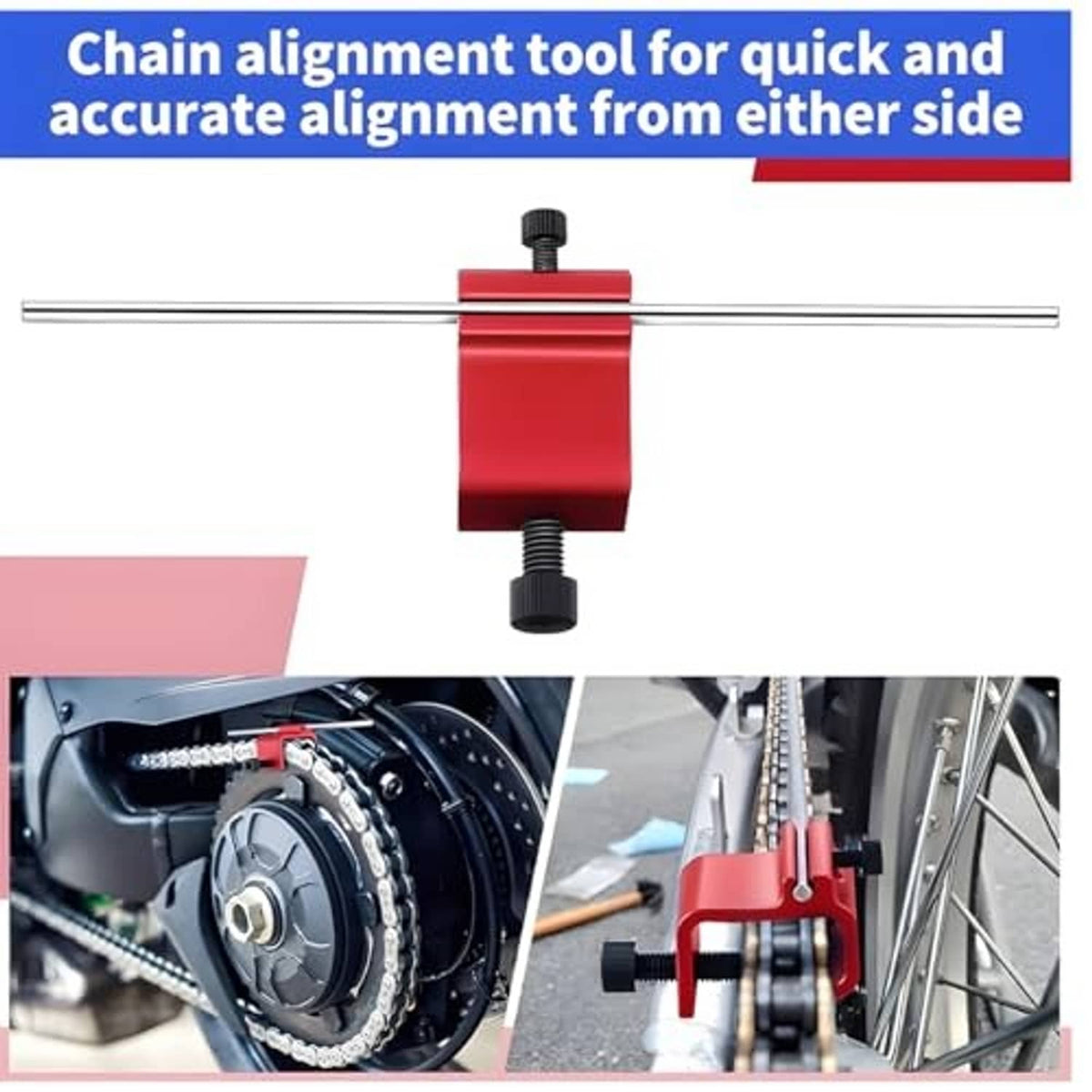 Red clamp-style chain alignment tool with two-sided rods and black center screw