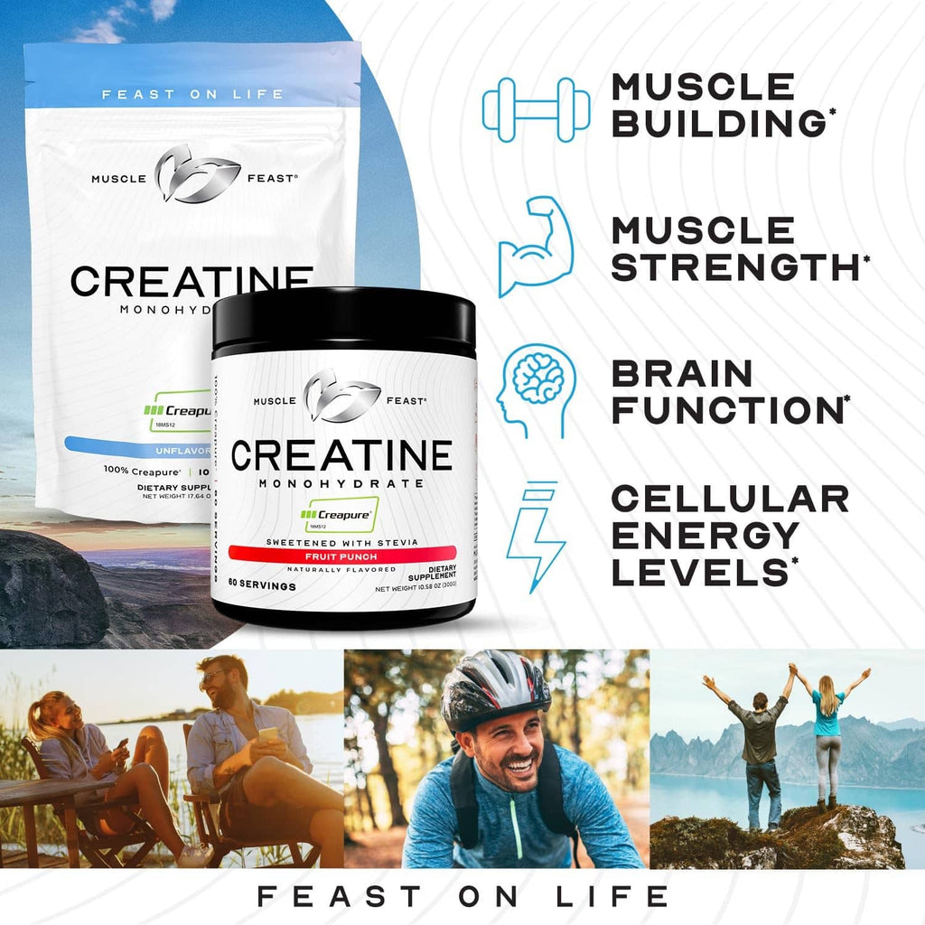 Creatine monohydrate powder bag and jar set with muscle building icons