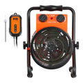 Orange electric greenhouse heater with front fan grill and separate thermostat controller