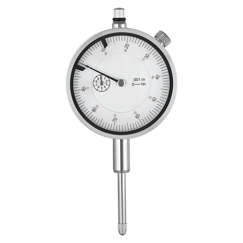 Dial test indicator with white dial face, red markings, and metal measuring stem
