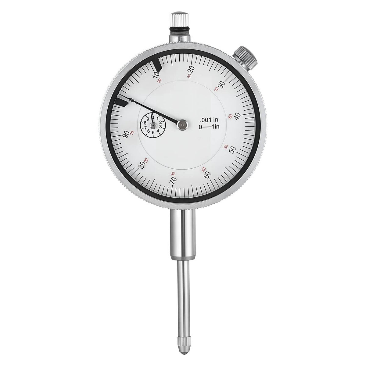Dial test indicator with white dial face, red markings, and metal measuring stem