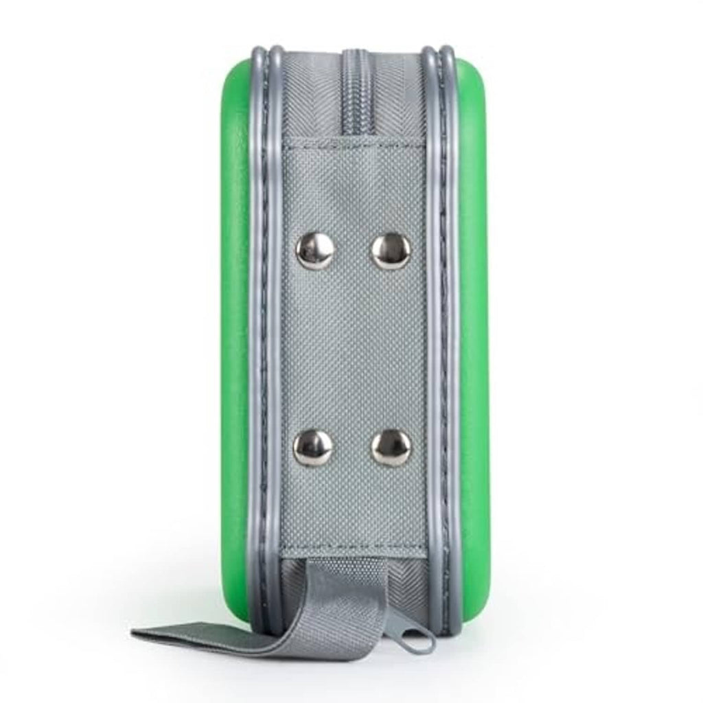 Green hard plastic DVD/CD case back view with metal grommets and gray strap