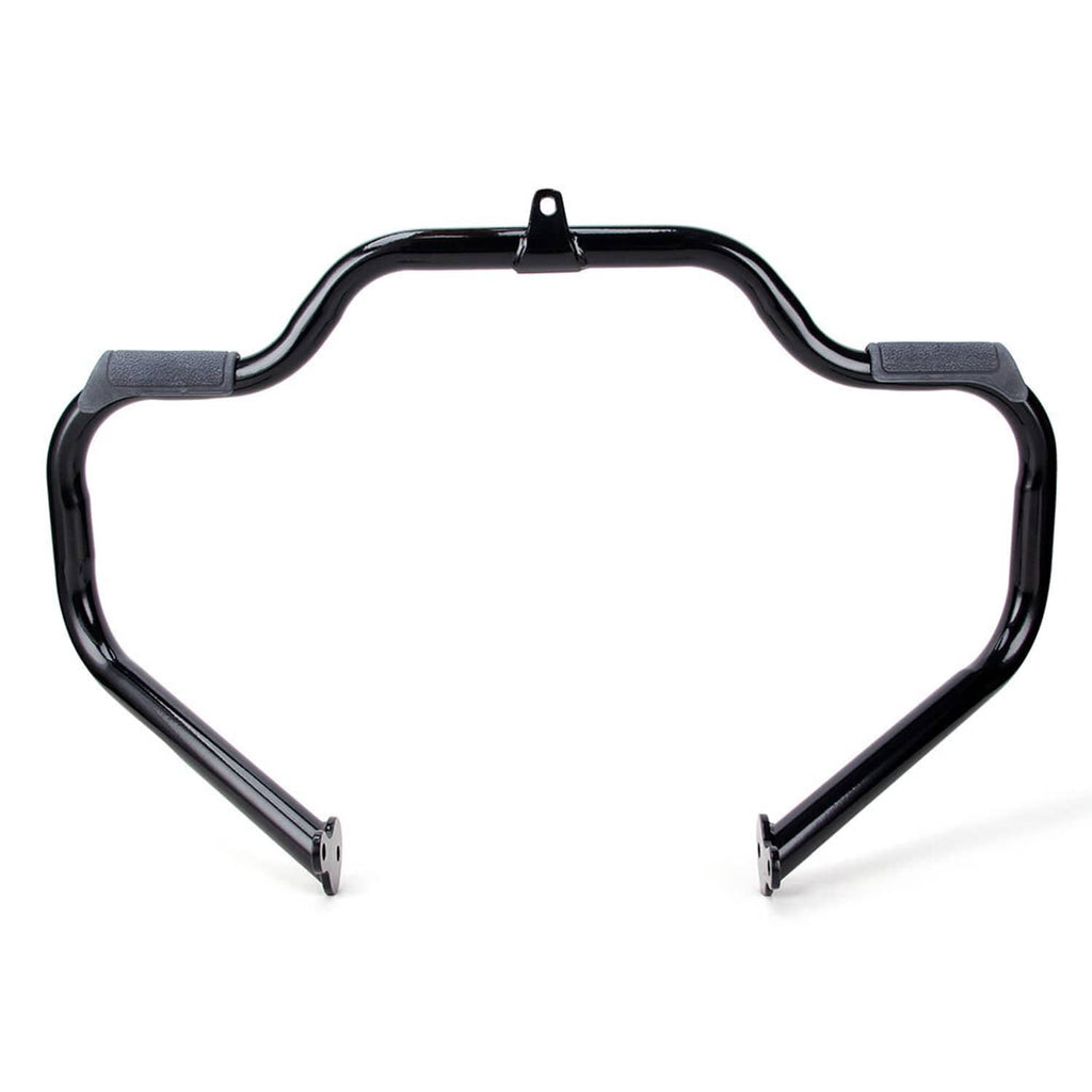 Motorcycle engine crash guard bar front view with gray pads and central support