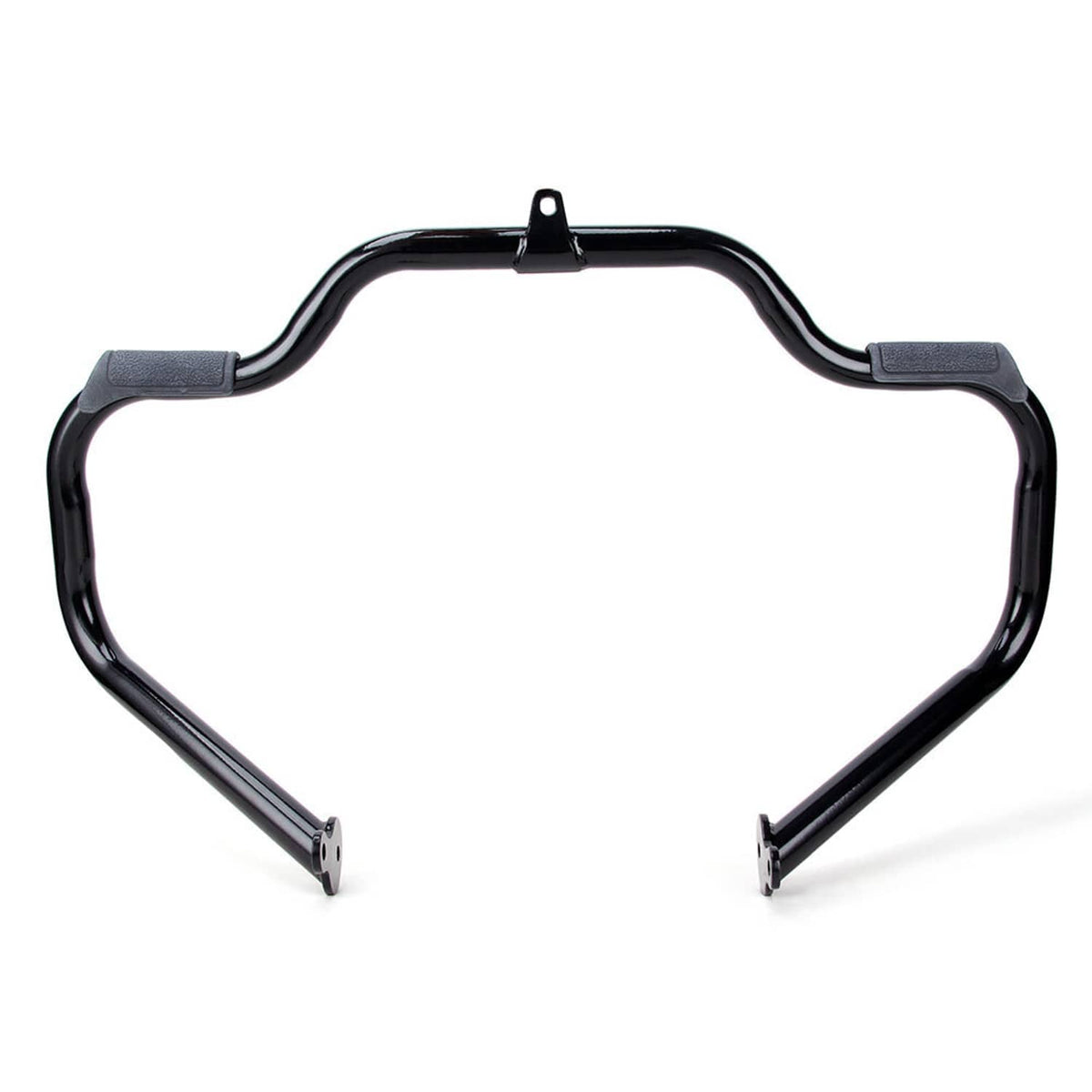 Motorcycle engine crash guard bar front view with gray pads and central support