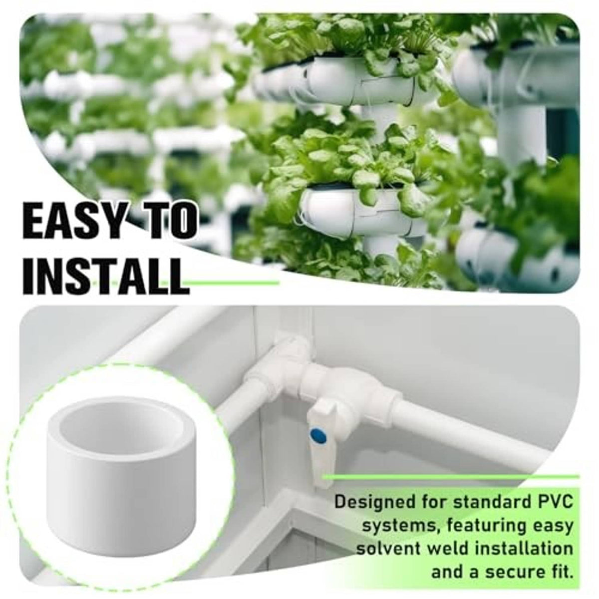White PVC pipe end cap installed on a pipe system for secure fit
