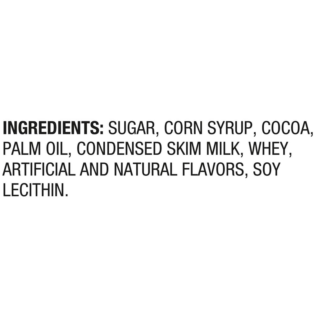 Ingredients list text for chocolate candy, including sugar, corn syrup, cocoa, and palm oil