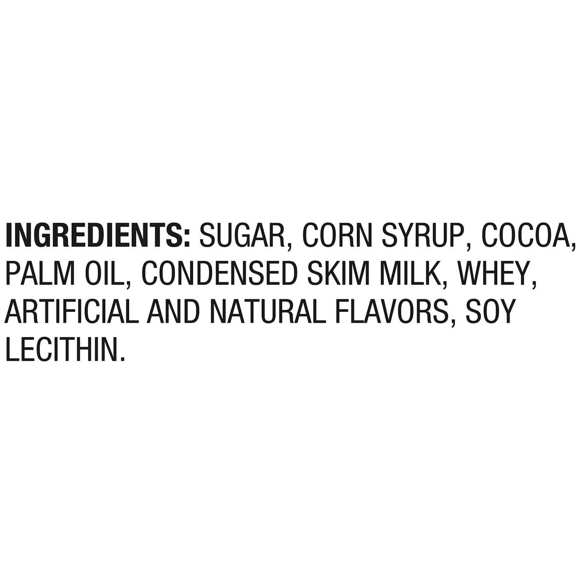 Ingredients list text for chocolate candy, including sugar, corn syrup, cocoa, and palm oil