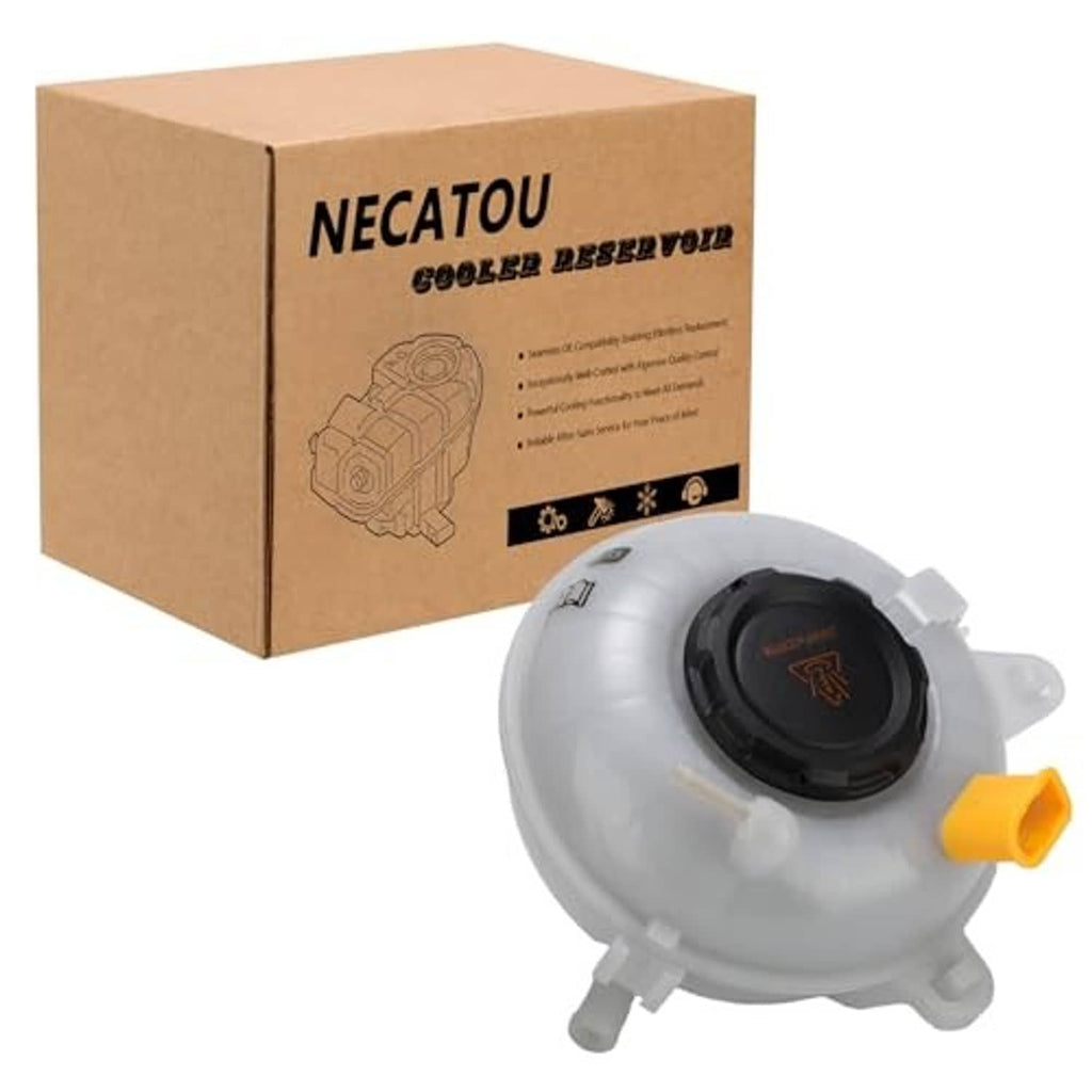Coolant surge reservoir tank with cap, white housing and black cap plus orange outlet.