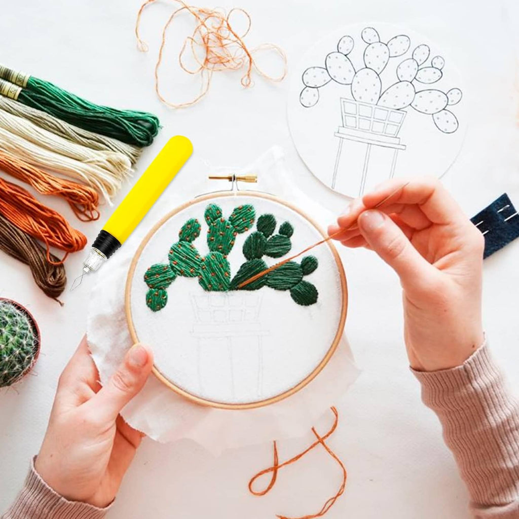 Yellow LED needle threader near embroidery hoop, hands preparing thread for stitching