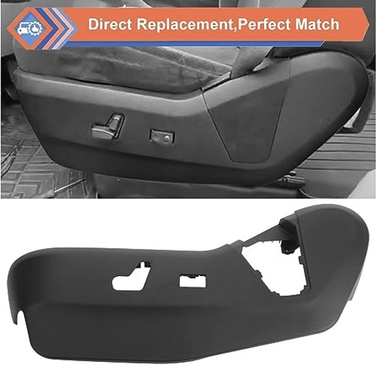 Black left seat track cover bezel with molded cutouts for power controls