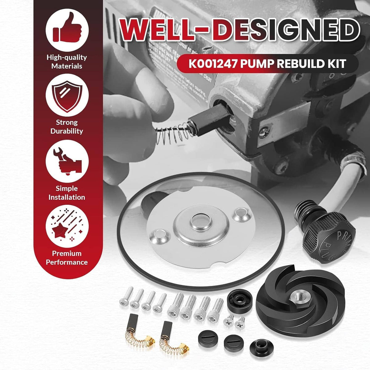 Pump rebuild kit contents layout with seal plate, black cap, screws, and O-rings