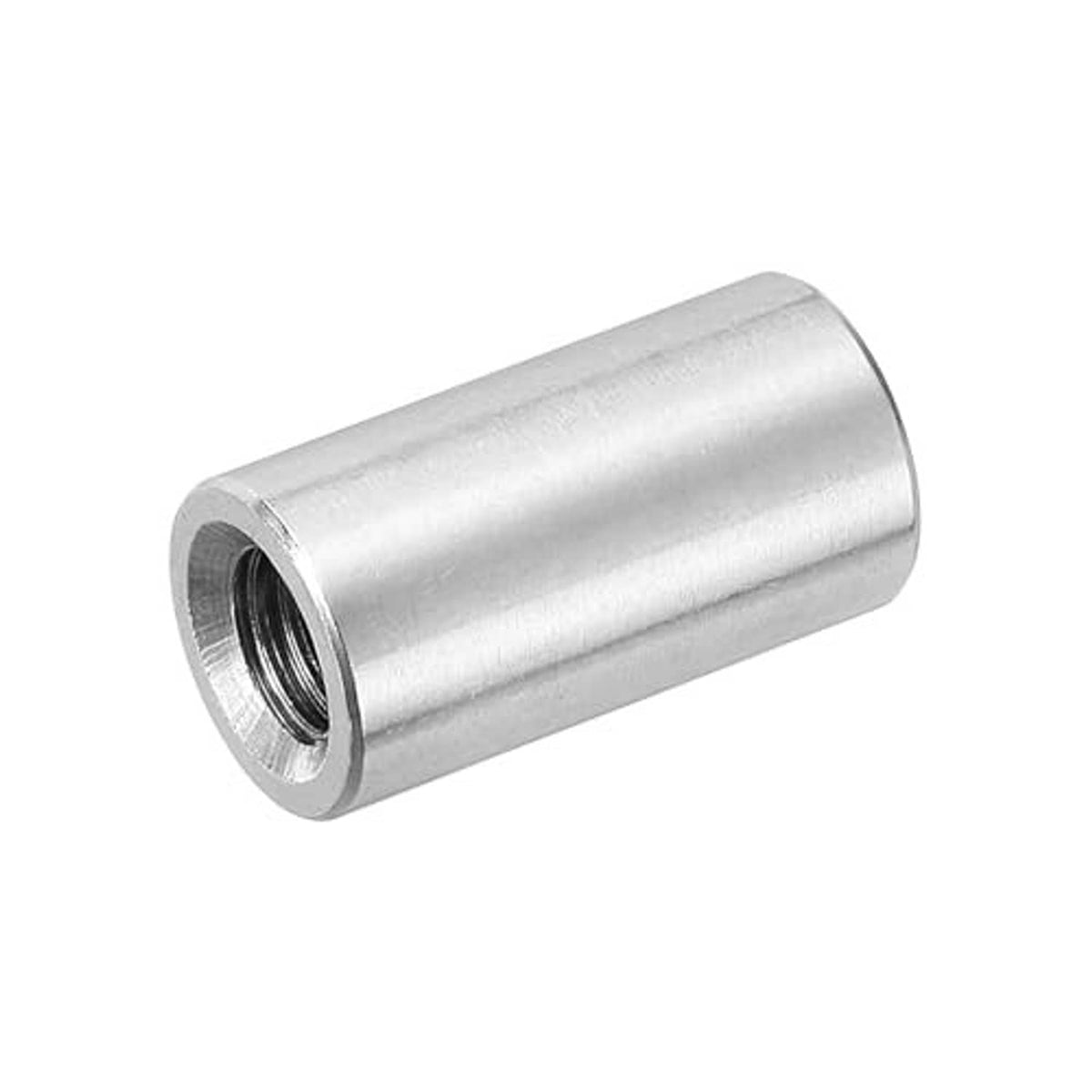 Single round stainless steel coupling nut with internal thread, smooth cylindrical barrel