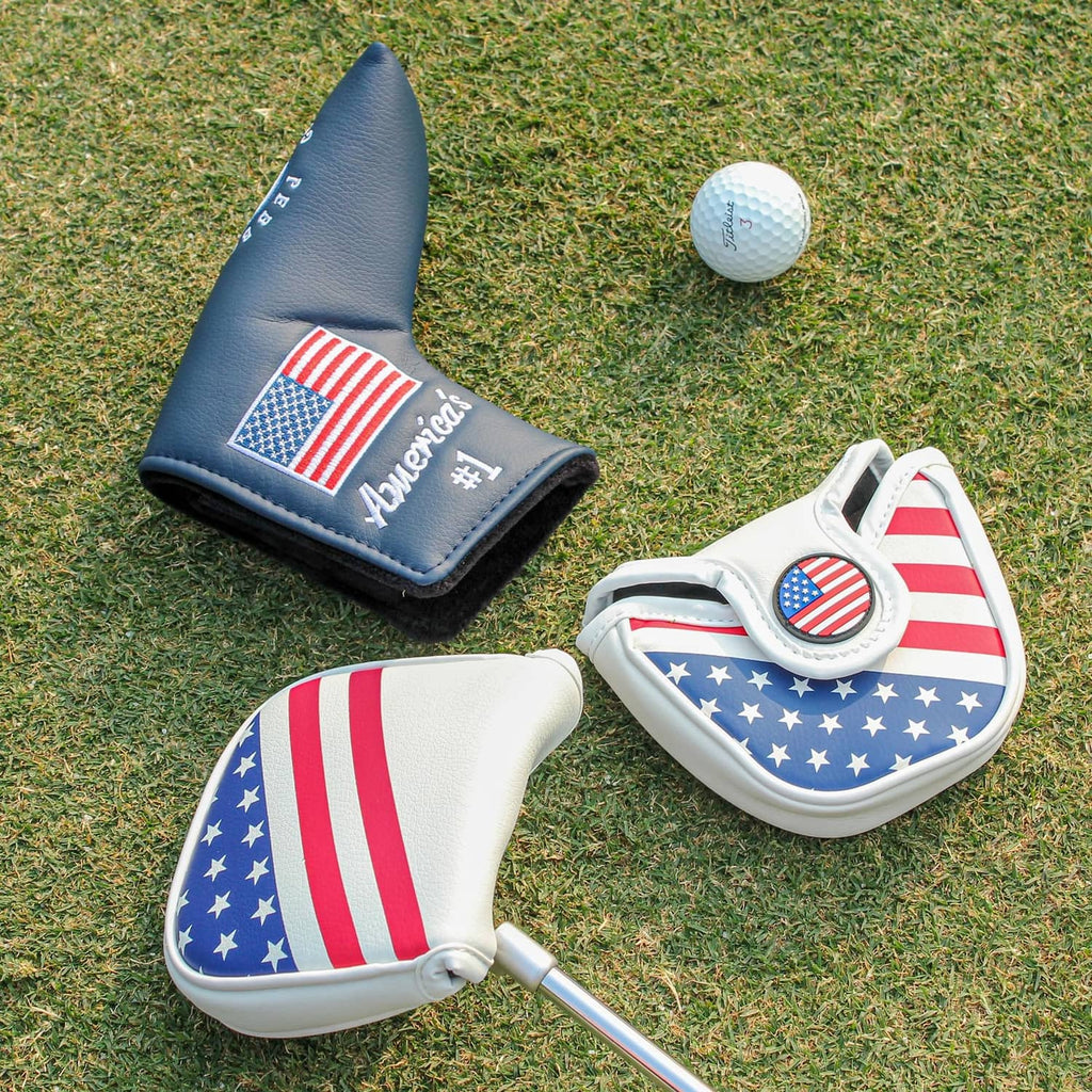 U.S. flag mallet putter head cover with navy stars and red stripes, shown on grass