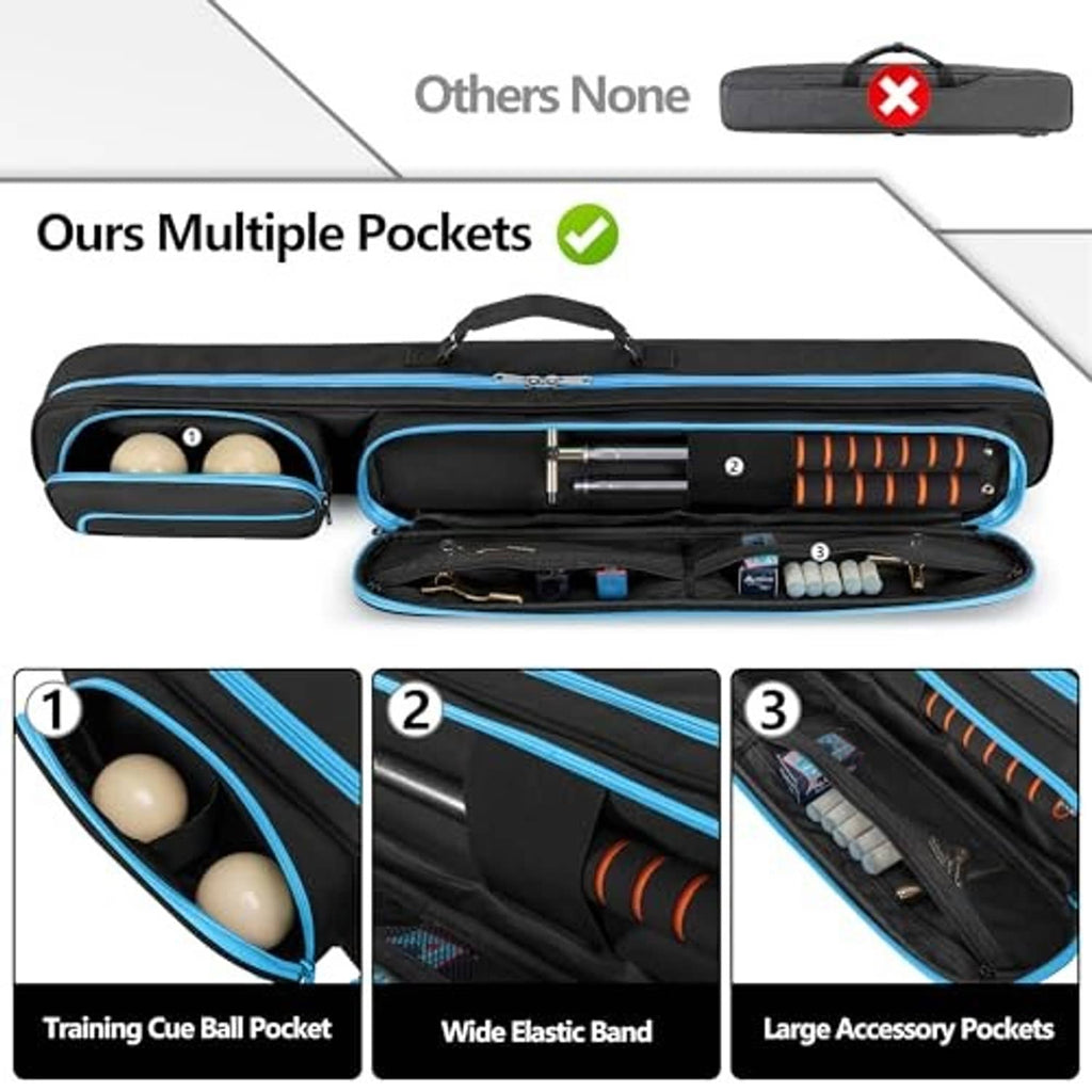 Blue-trimmed pool cue case with multiple pockets and padded slots for cue parts