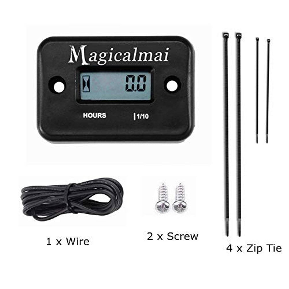 Hour meter kit with black display unit, wire lead, two screws, and four zip ties