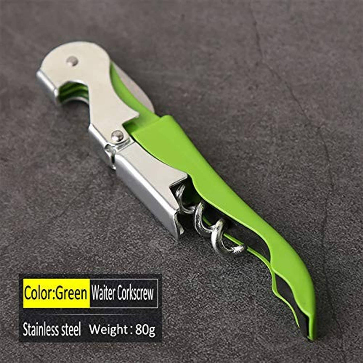 Green and silver waiter corkscrew wine opener with spiral worm