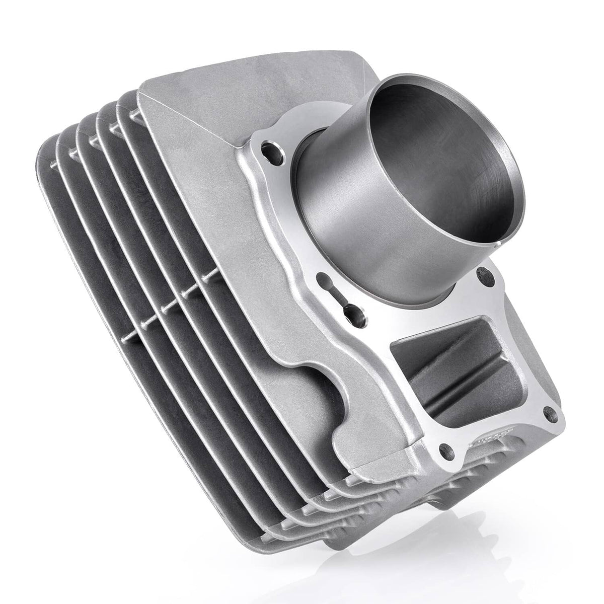 Gray aluminum cylinder top end with piston bore and side cutout, 3/4 view
