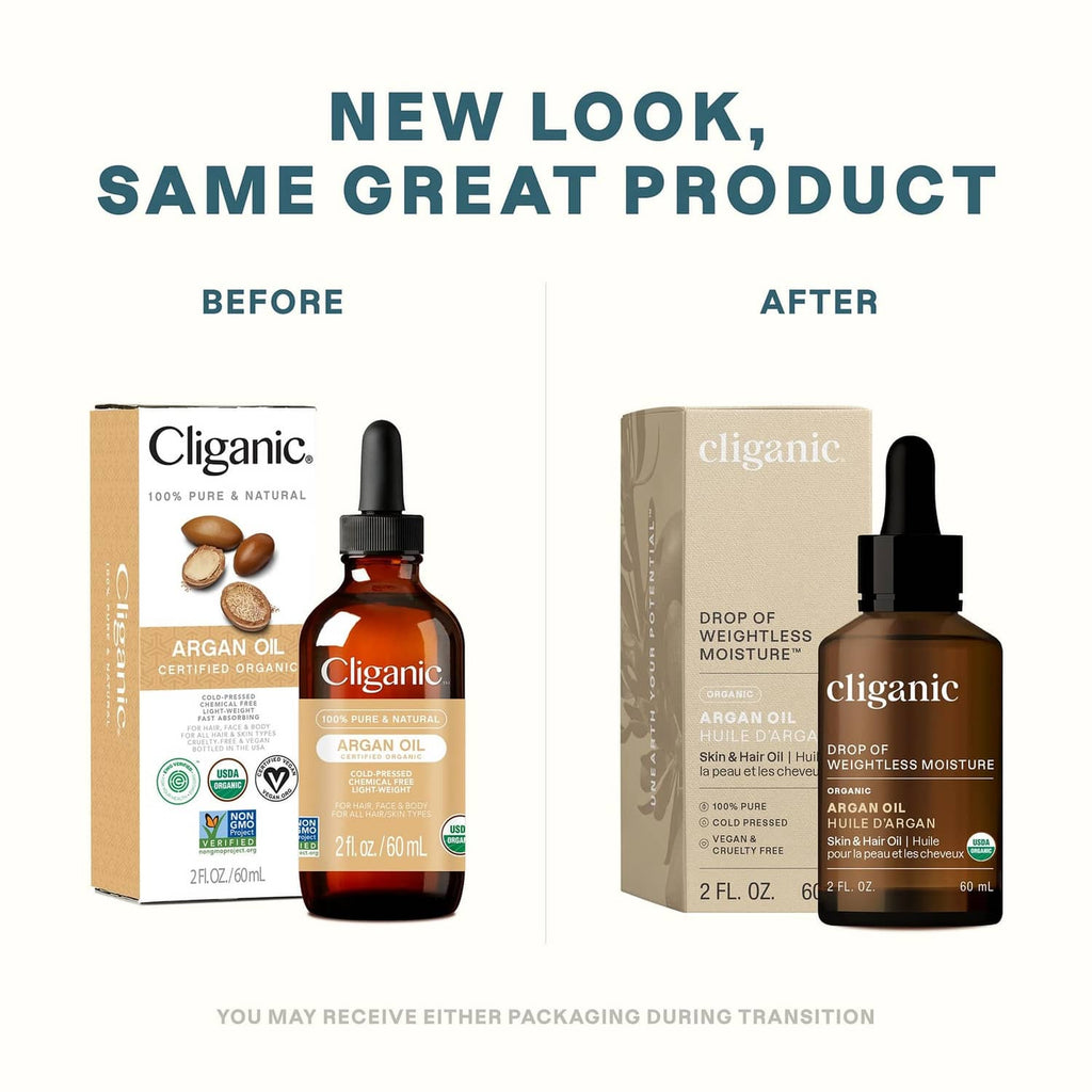 Cliganic argan oil bottle and box shown in before-and-after packaging