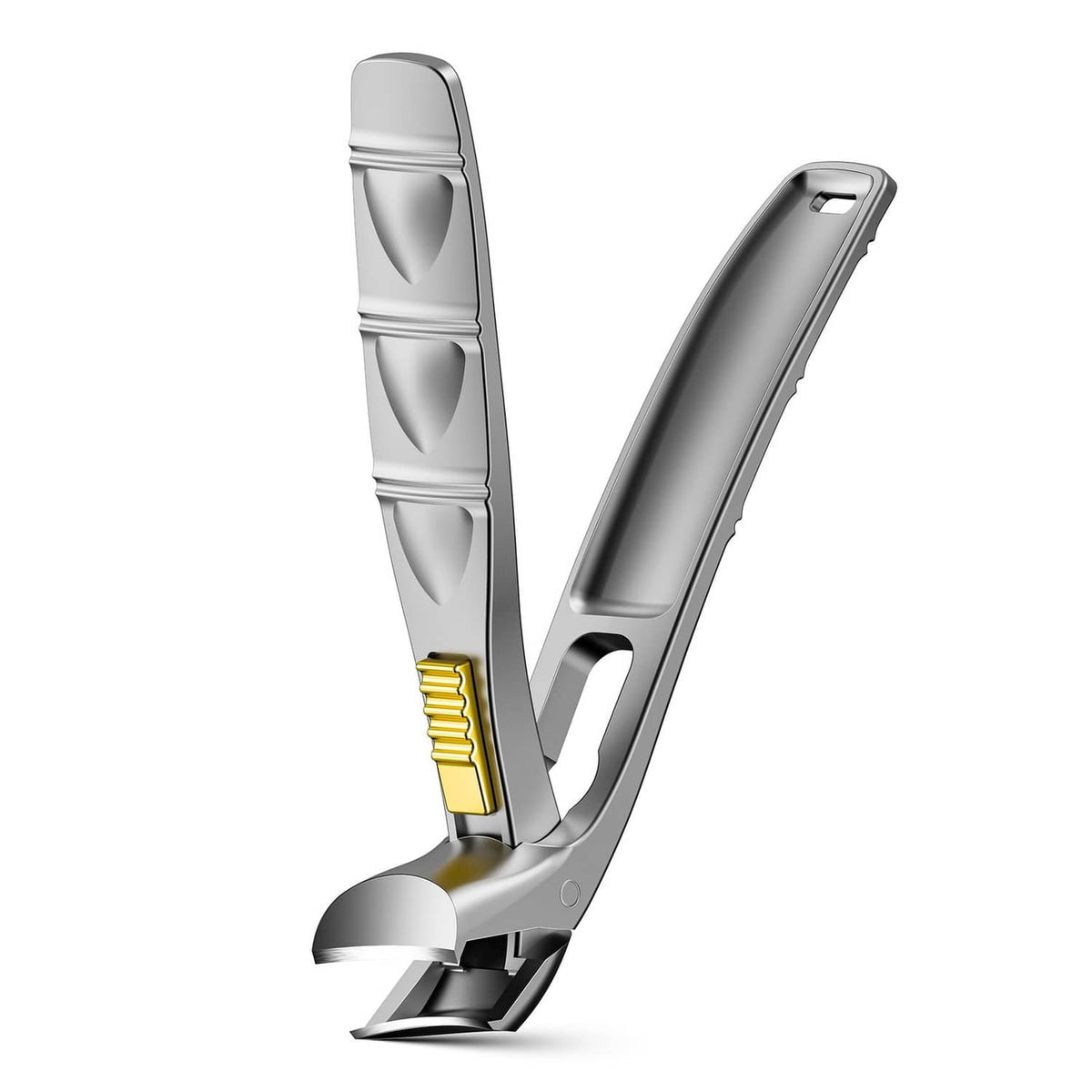 BALUCA ergonomic nail clipper with safety lock, silver, wide jaw and yellow spring