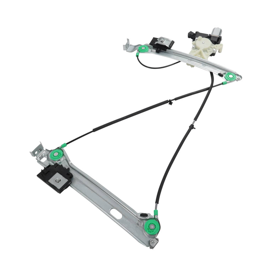 Power window regulator and motor assembly with two lift rails and control wiring
