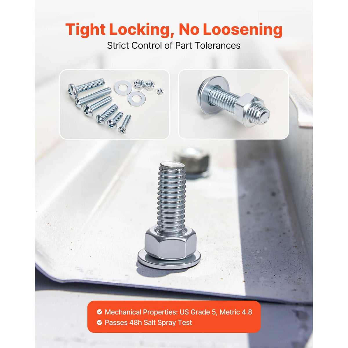 Hex bolts and washers with a large threaded bolt piece and base washer