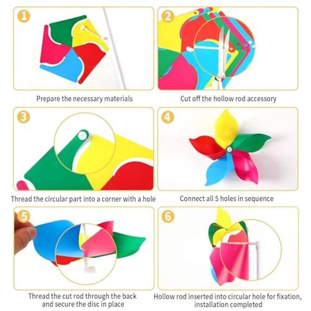 Rainbow pinwheel wind spinner assembly steps showing blade and rod connection process