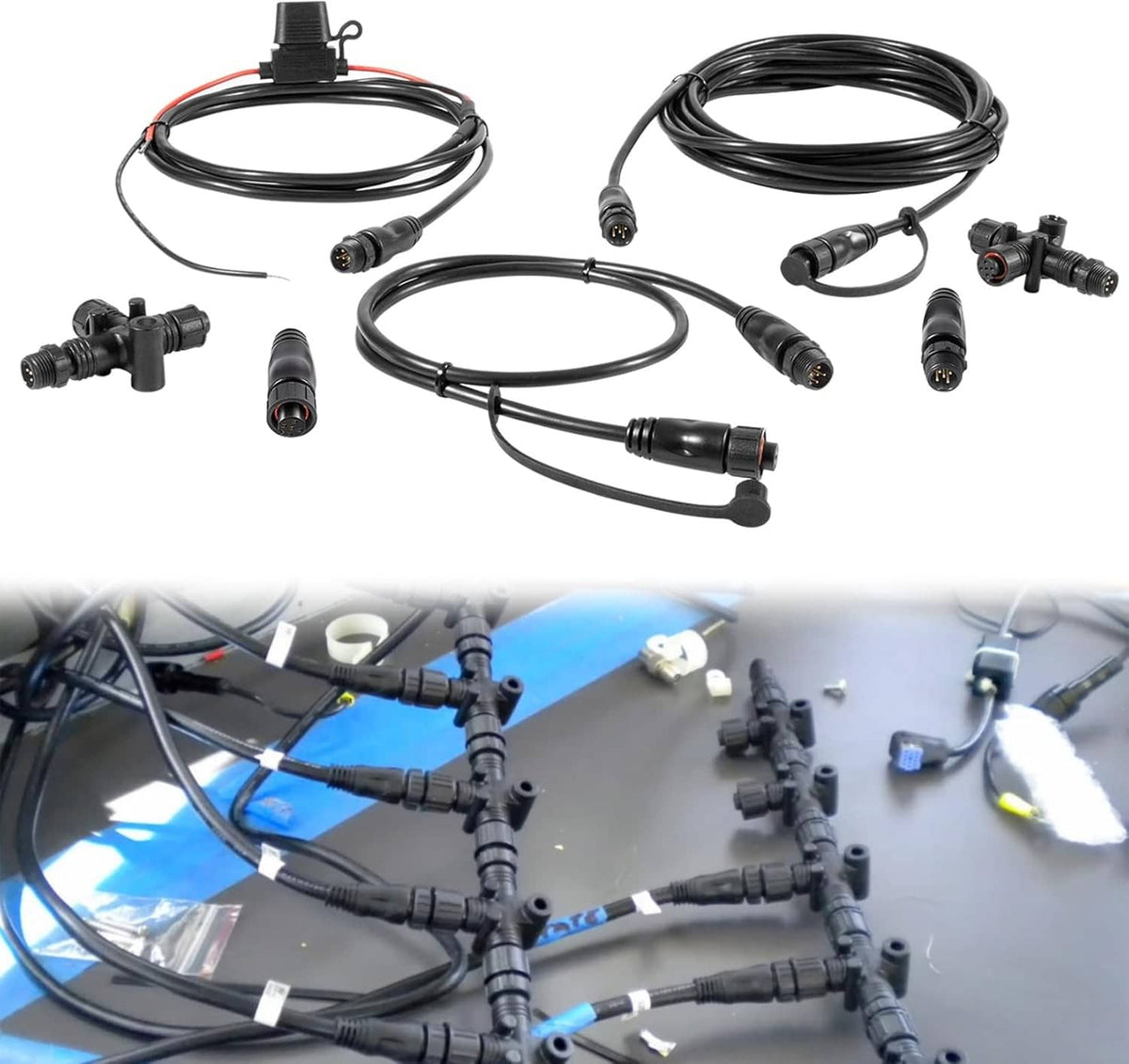 NMEA 2000 network starter kit cable set with multiple black connectors and splitters