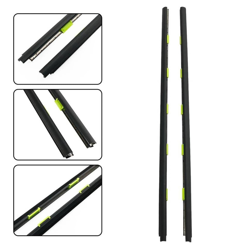 Two black door window seal strips with green insertion clips, shown side by side