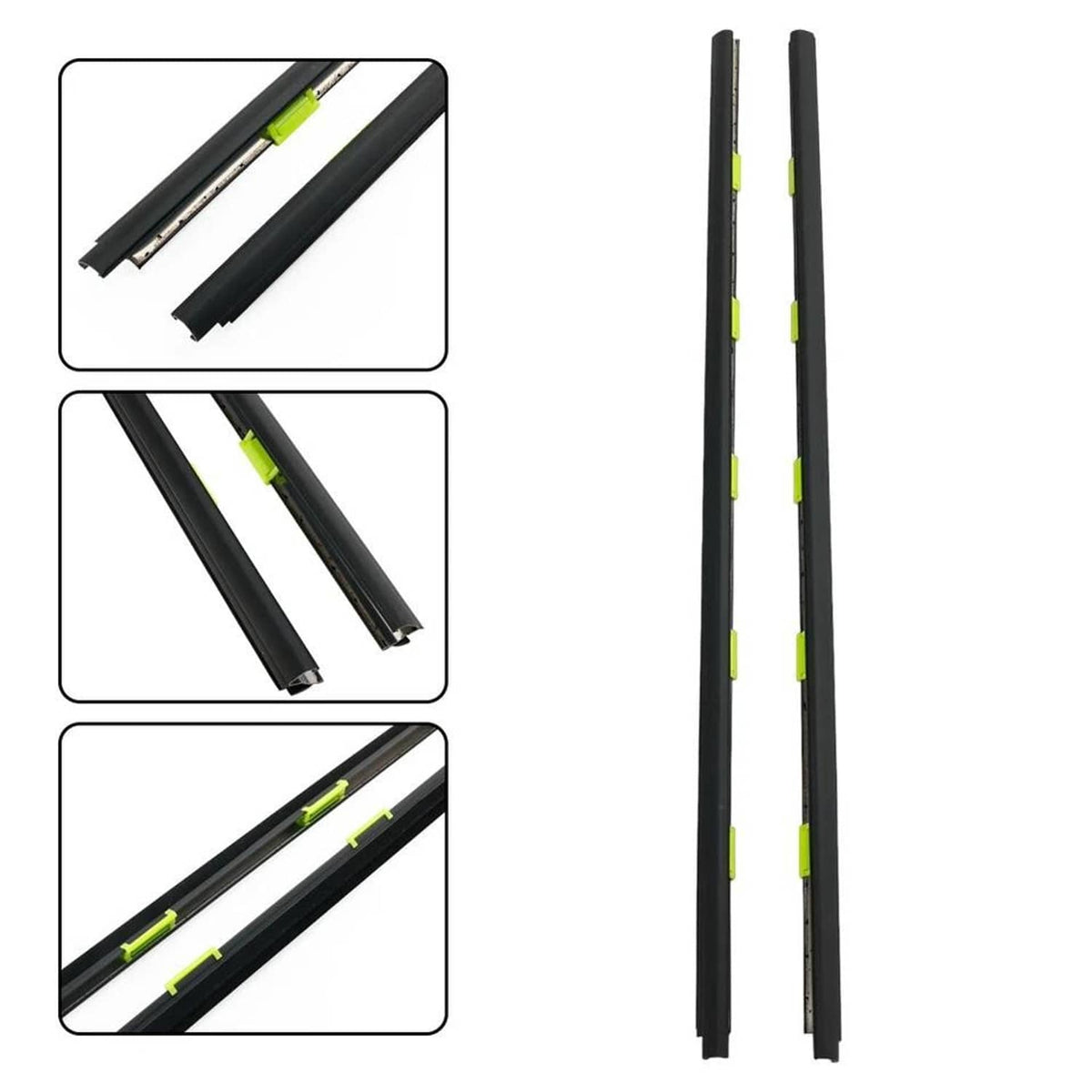 Two black door window seal strips with green insertion clips, shown side by side
