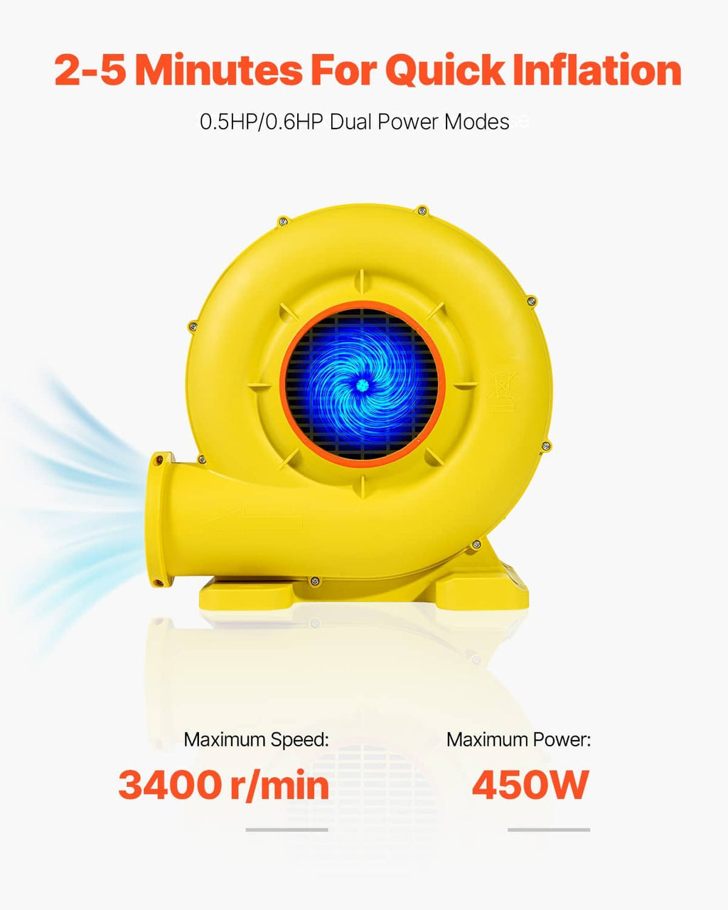 Yellow quick-inflation blower showing front fan grille inside round housing