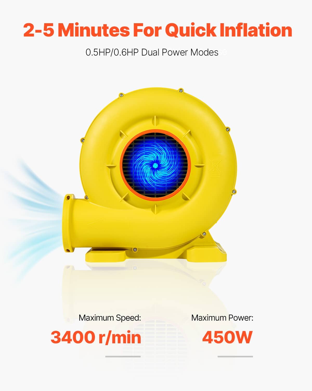Yellow quick-inflation blower showing front fan grille inside round housing