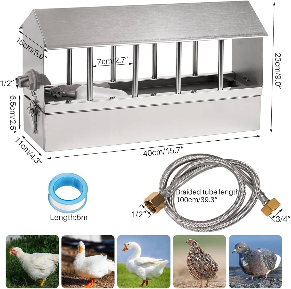 Stainless chicken waterer with drinking trough and included braided water hose
