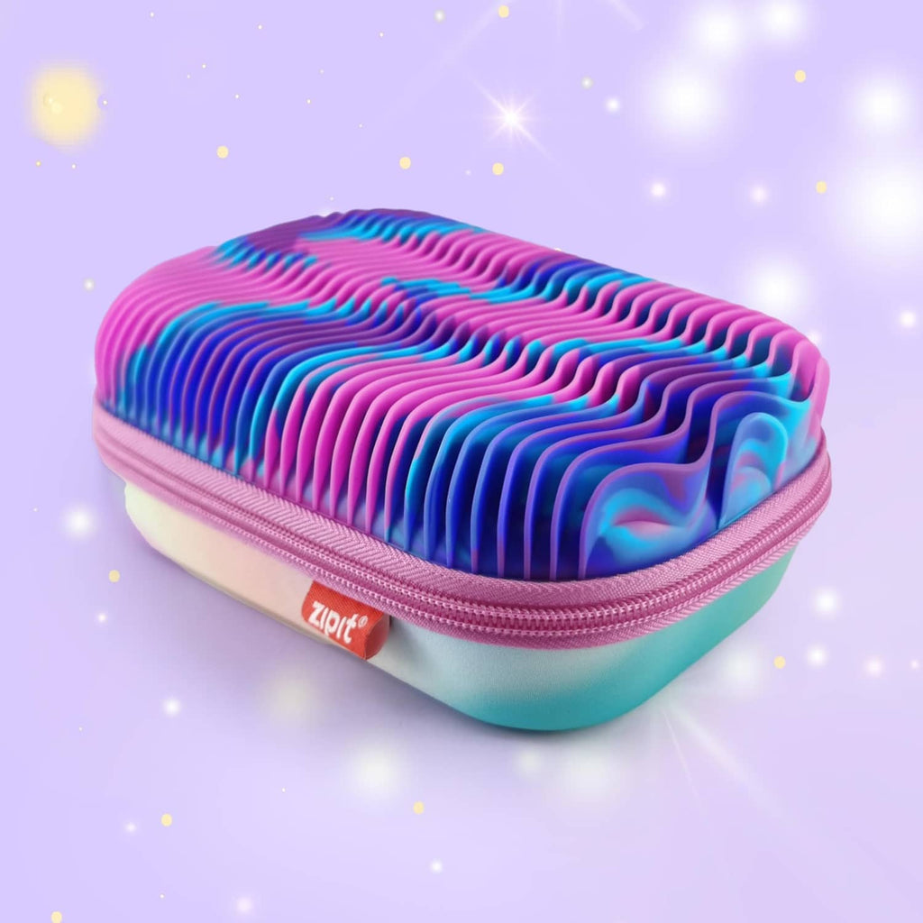 Wavy silicone pencil case with purple and blue ridged top and pink zipper