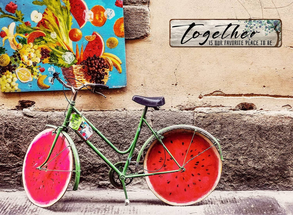 Rectangular wooden wall art sign with “Together” script and blue-green dotted accents.