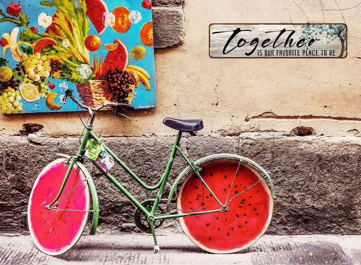 Rectangular wooden wall art sign with “Together” script and blue-green dotted accents.
