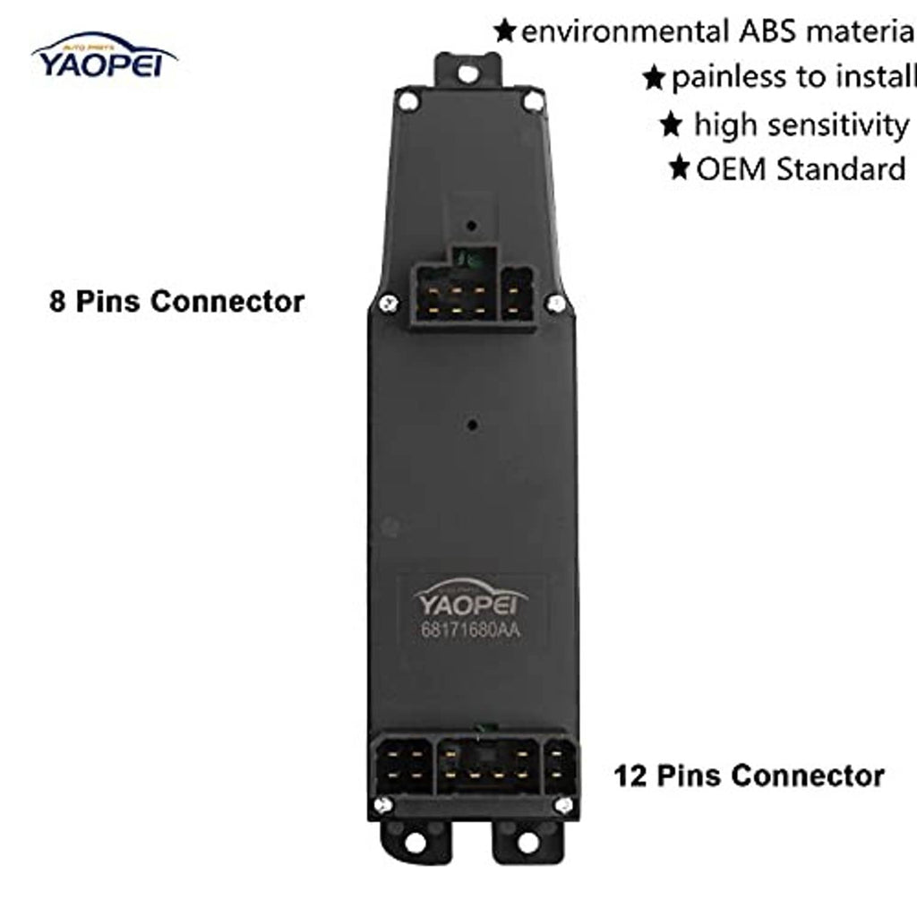 Power window switch with 8-pin and 12-pin connectors on black rear housing