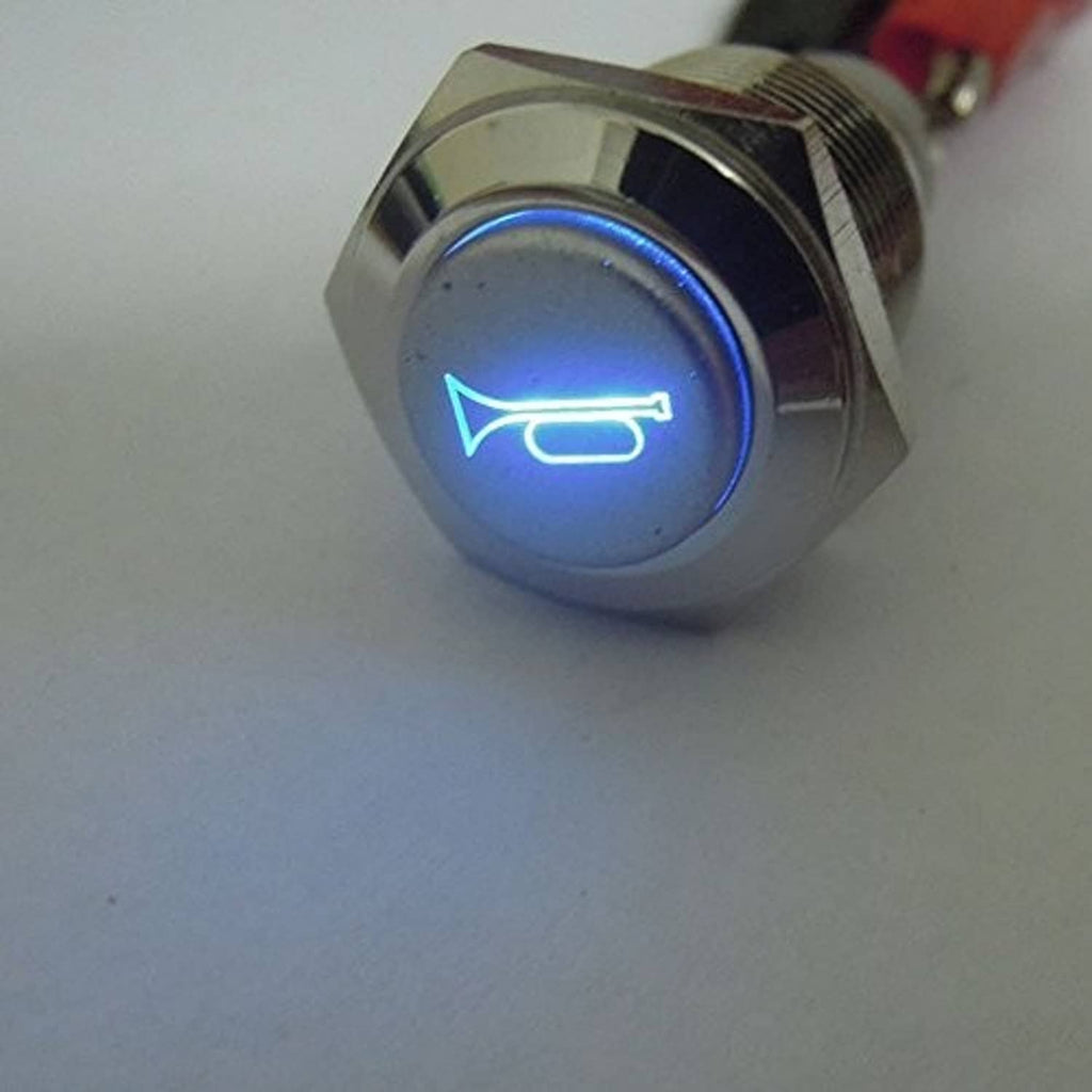 Blue LED horn icon on metal push button head for 12V car use