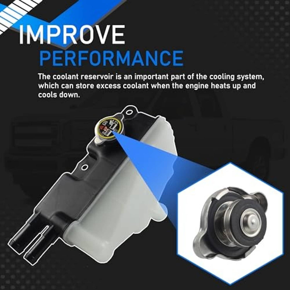 Engine coolant reservoir tank with cap and hose connections, black housing and translucent reservoir