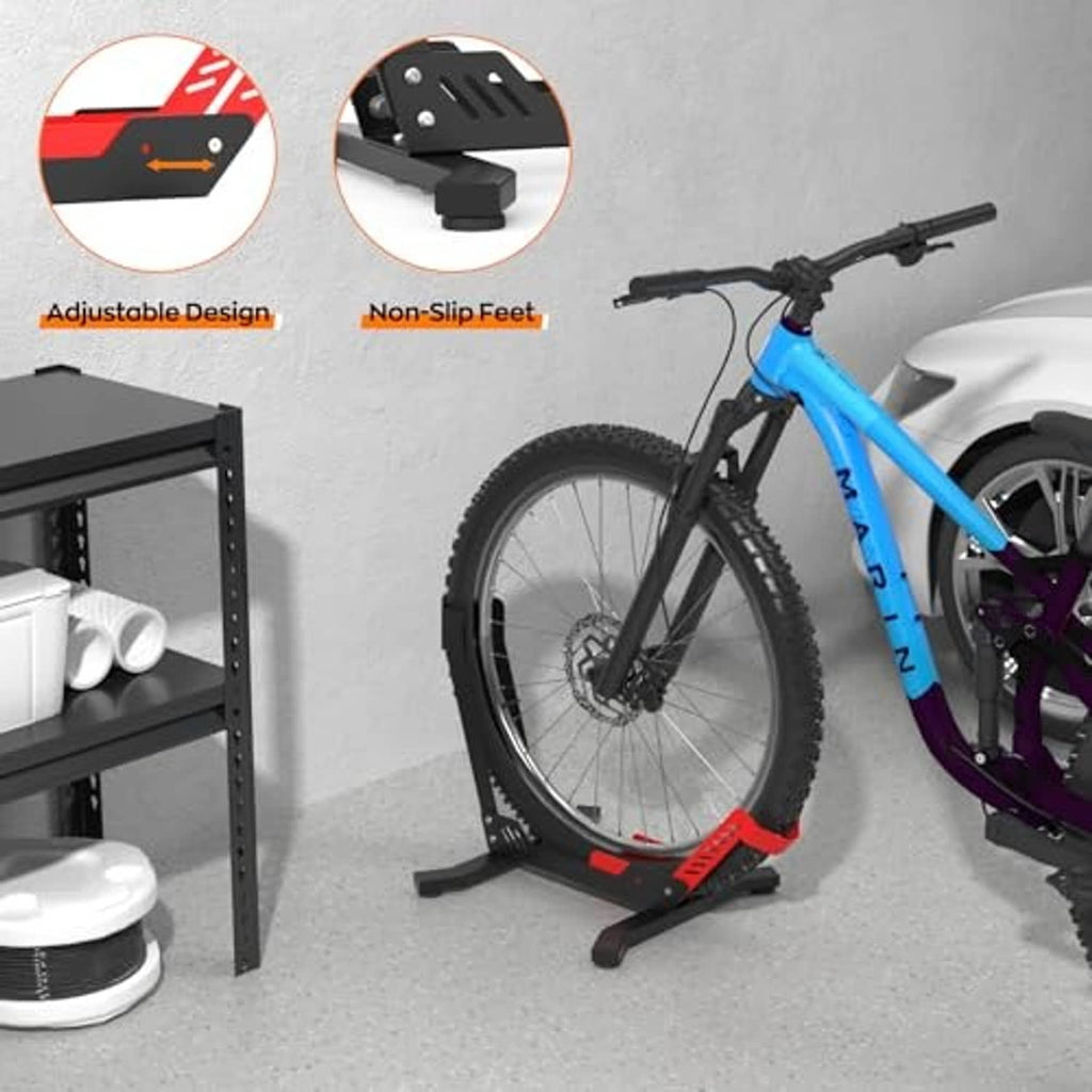 Portable bike floor stand with non-slip feet and adjustable cradle, black base with red pads