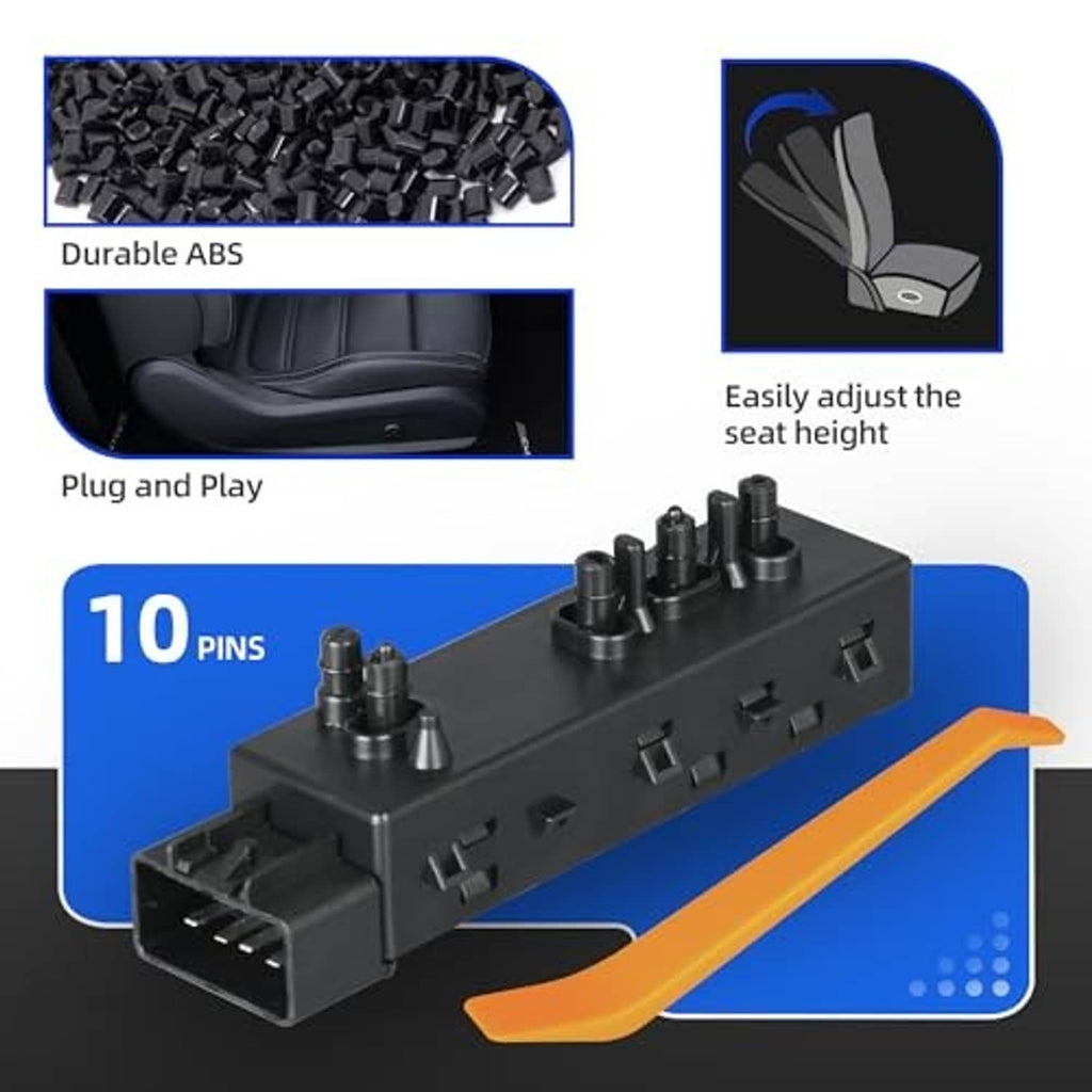 Power seat switch control unit, black with orange lever and 10-pin terminal detail