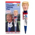 Donald Trump talking novelty pen with caricature head topper, red base, blue cap