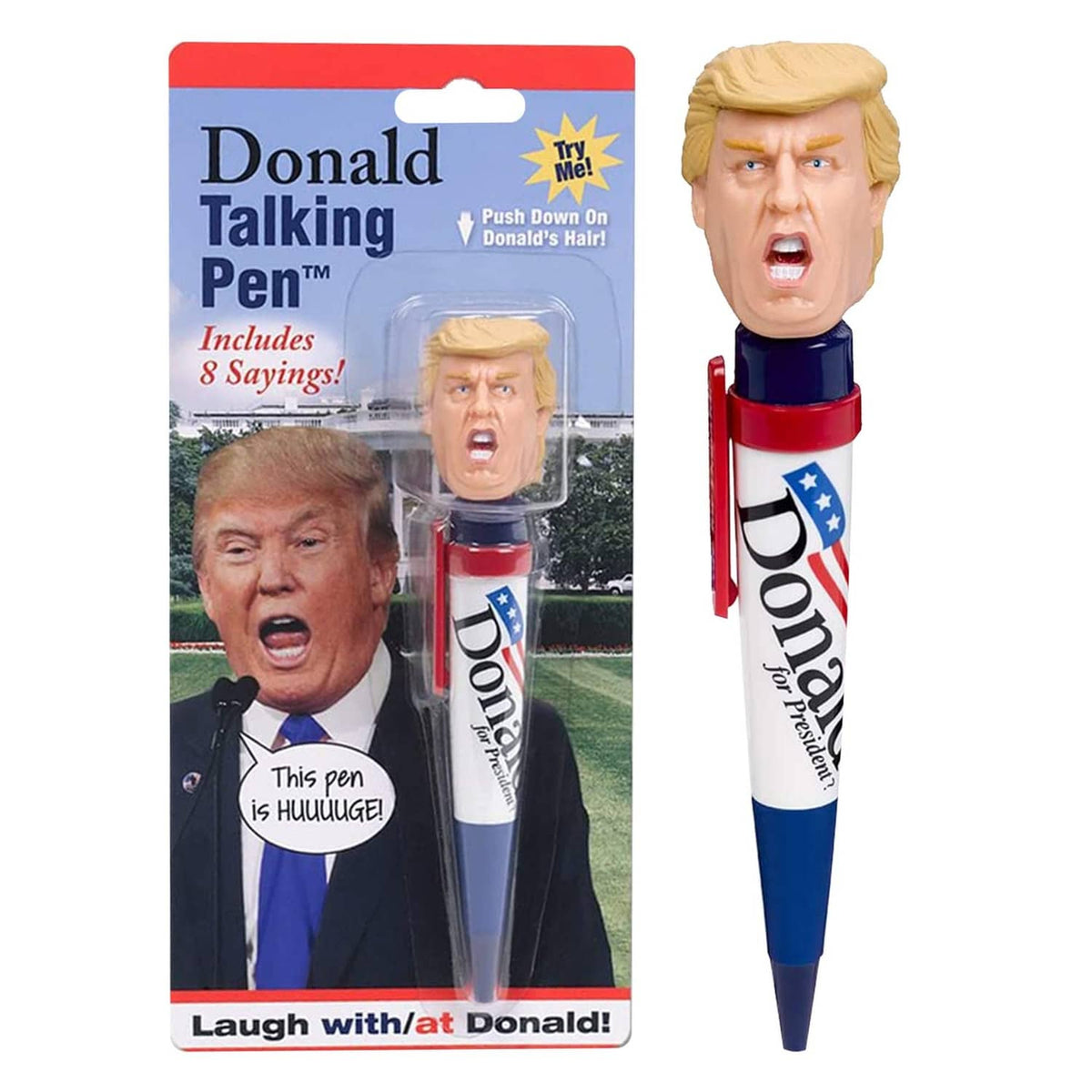 Donald Trump talking novelty pen with caricature head topper, red base, blue cap