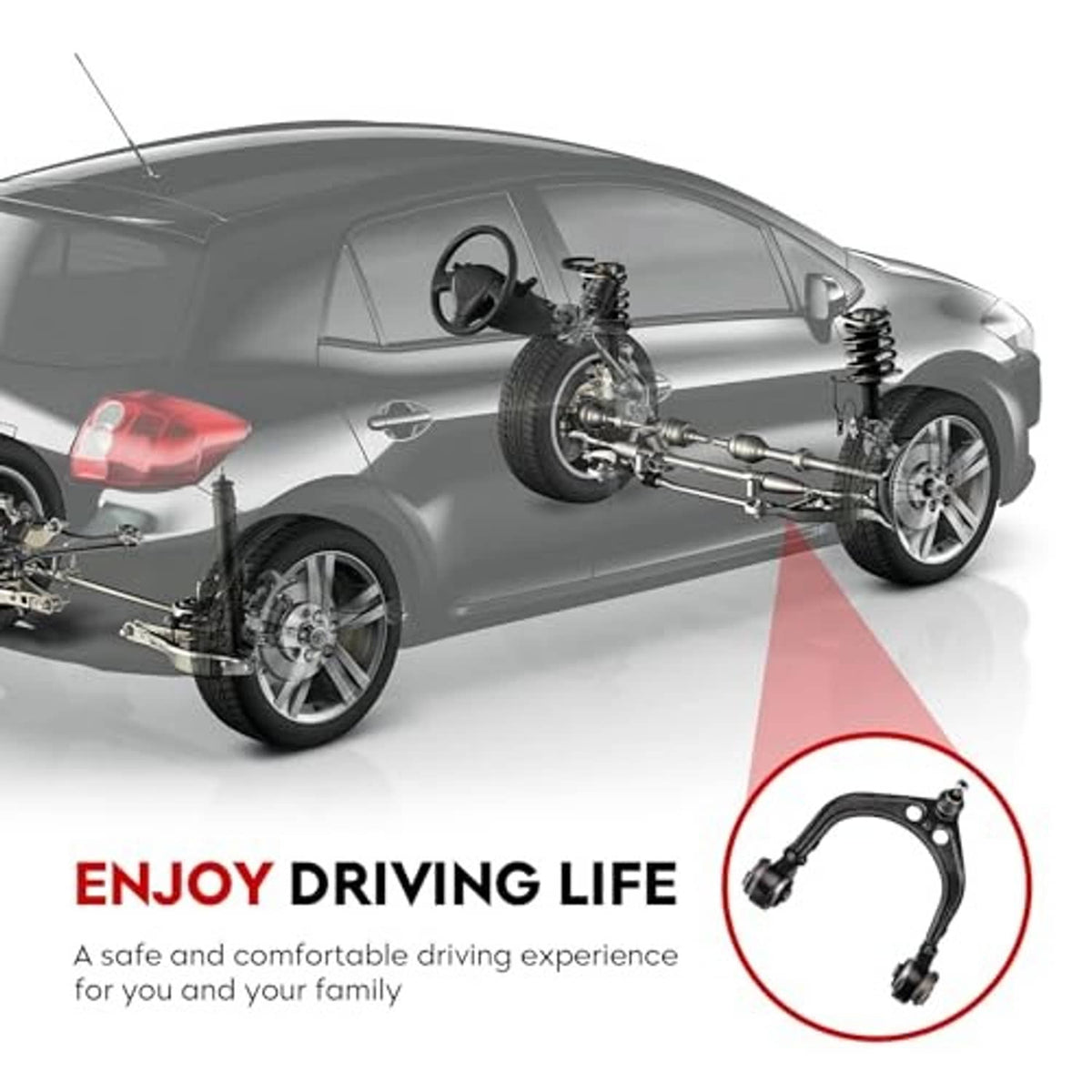 Front upper control arm highlighted on a vehicle suspension diagram, dark metal