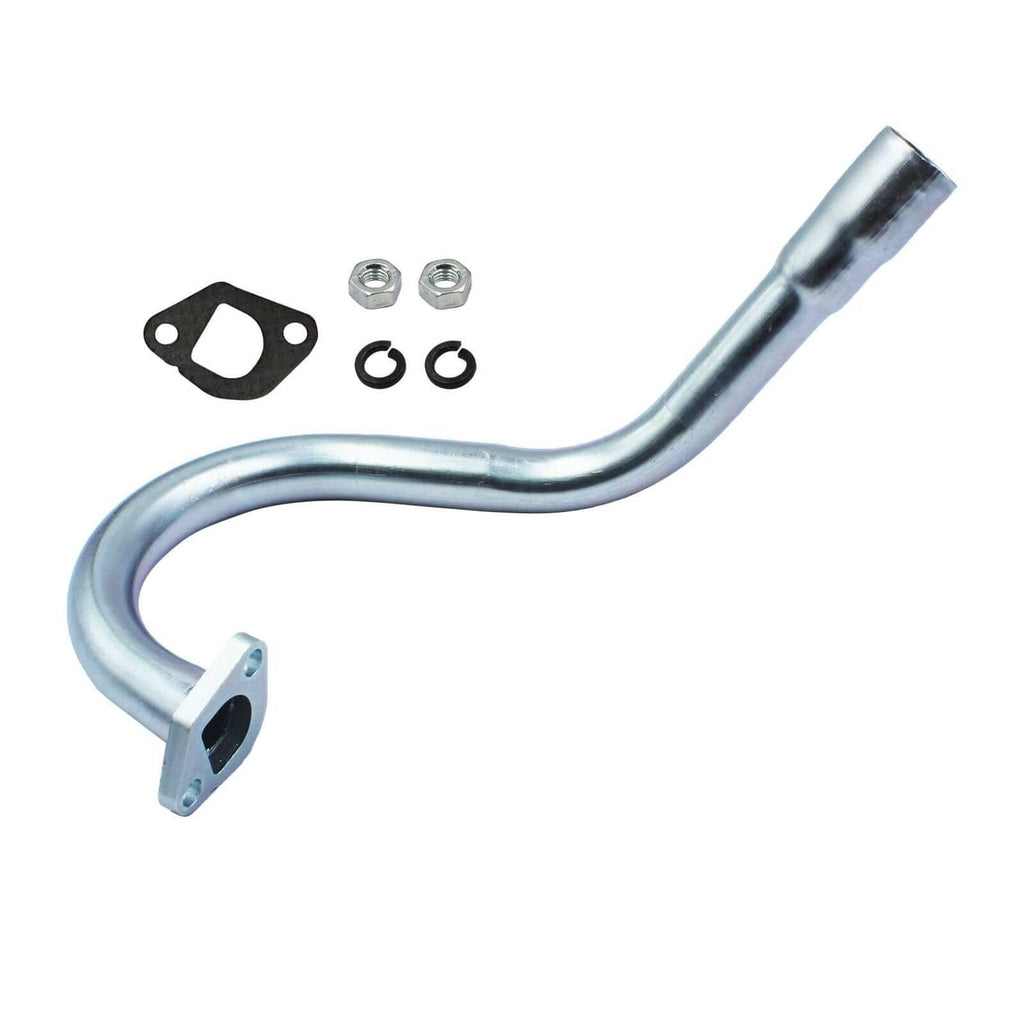 Exhaust header pipe kit: silver curved tube, mounting plate, gasket, bolts, and washers