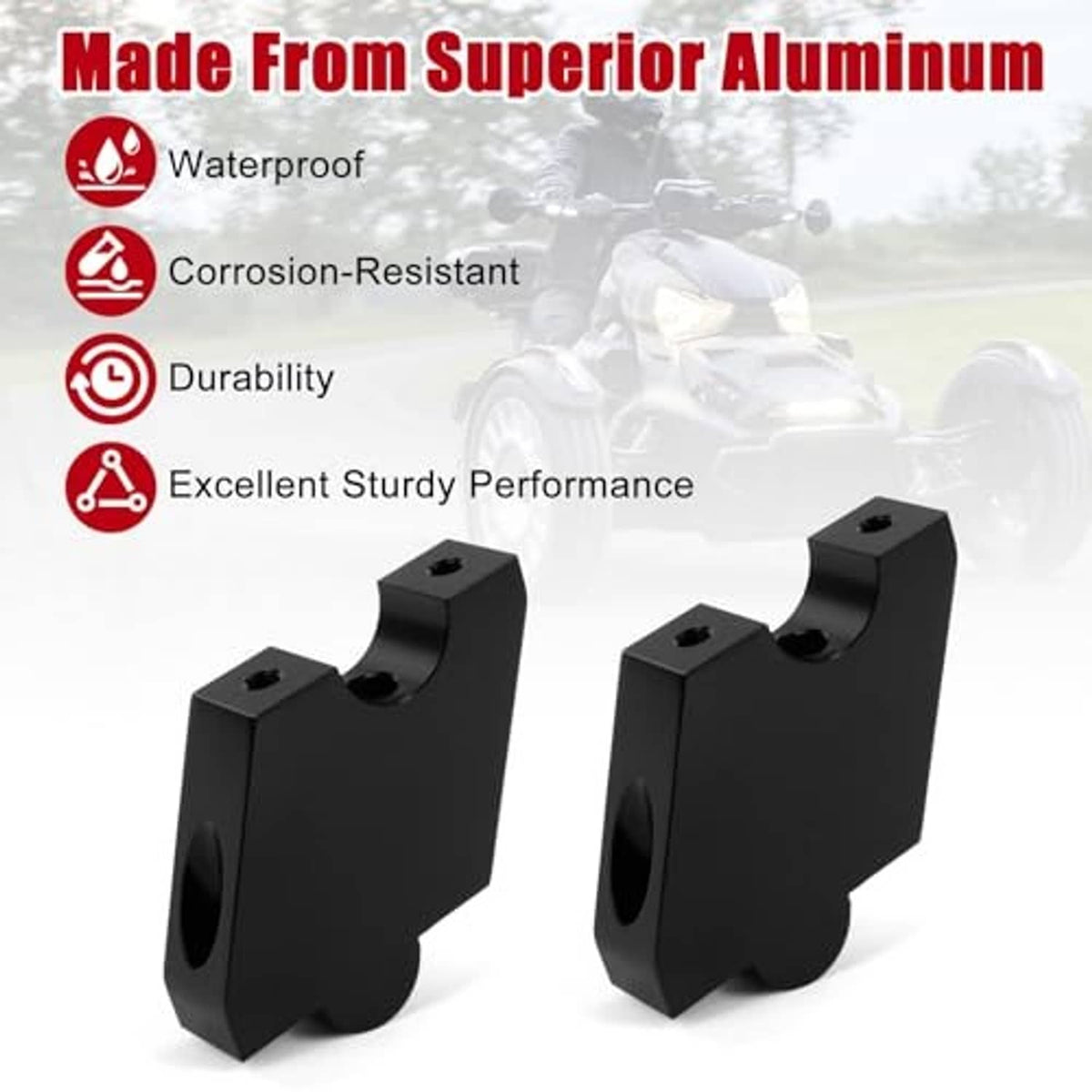 Black aluminum handlebar risers, pair of curved mounting blocks with bolt holes