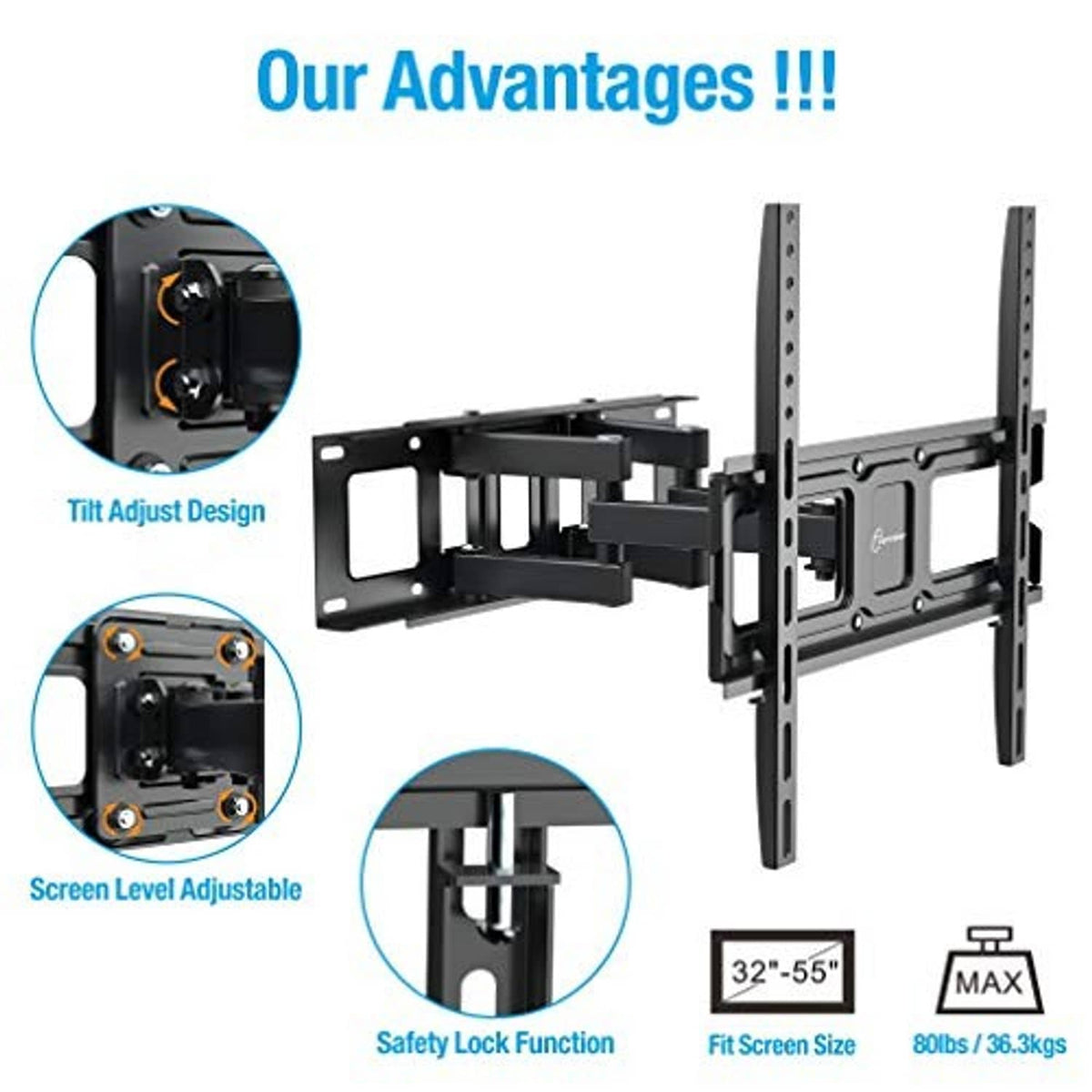 Dual articulating TV wall mount bracket with tilting arms and adjustable screen level