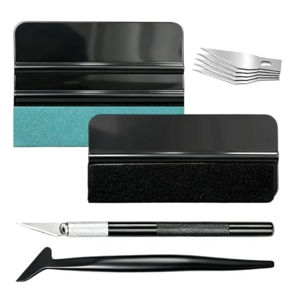 Car window tint kit set with dark tint film, metal edge tool, and squeegee